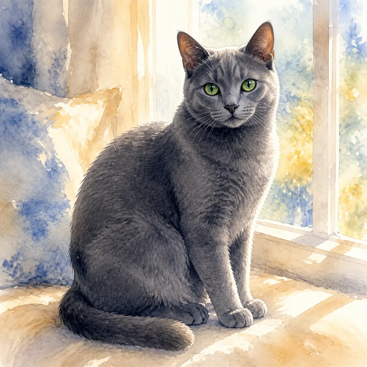 Custom watercolor portrait of a Grey Cat, solid blue-grey