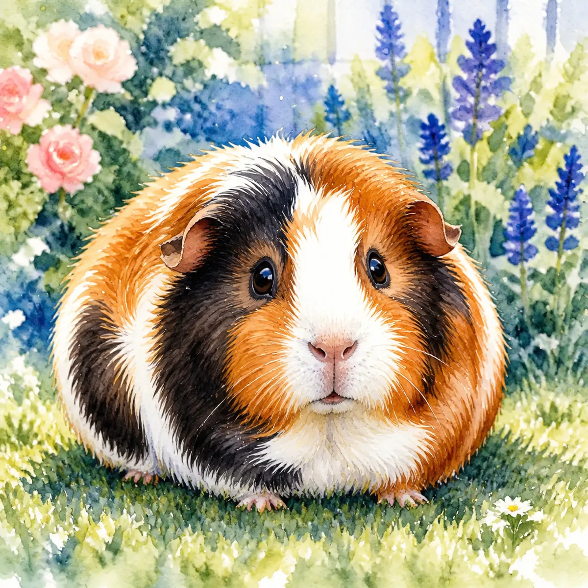 Custom watercolor pet portrait of a tri-color guinea pig with a rosette coat sitting on a patch of grass