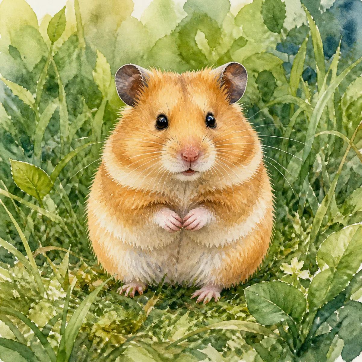 Custom watercolor pet portrait of a golden Syrian hamster sitting upright with cheek pouches slightly full
