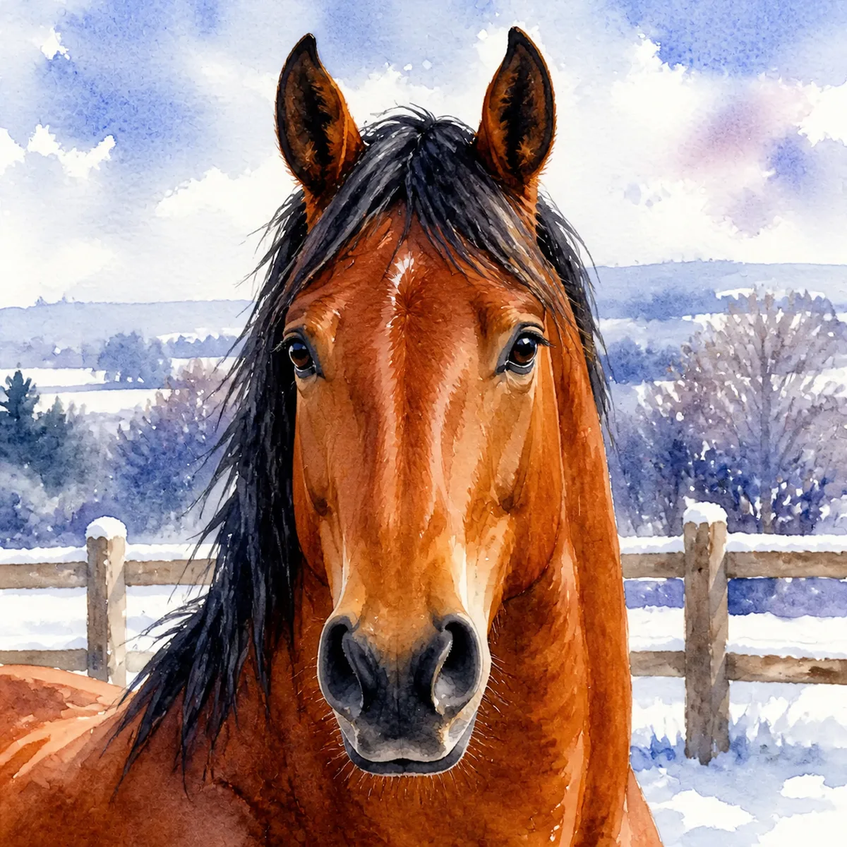 Custom watercolor pet portrait of a bay horse, head and neck, in a paddock