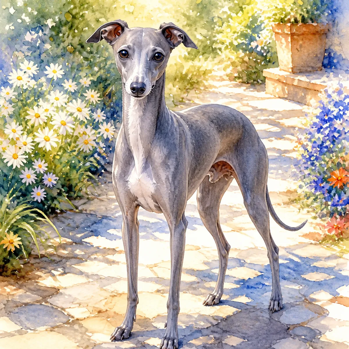 Custom watercolor portrait of an Italian Greyhound, grey/blue