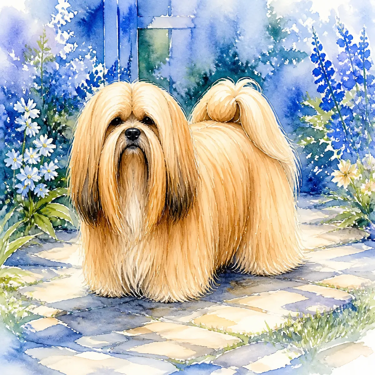 Custom watercolor portrait of a Lhasa Apso, golden/sandy