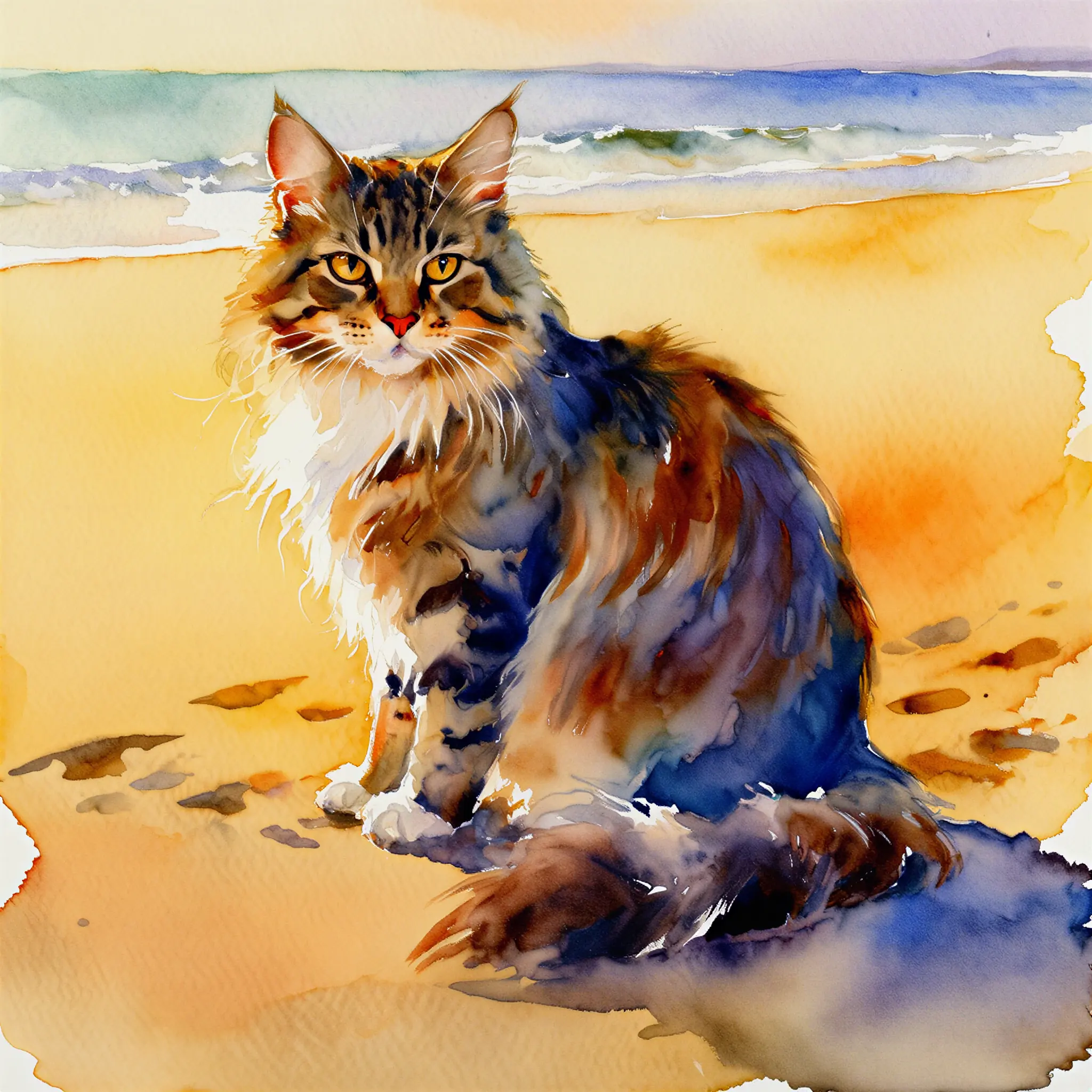 Custom watercolor portrait of a Maine Coon
