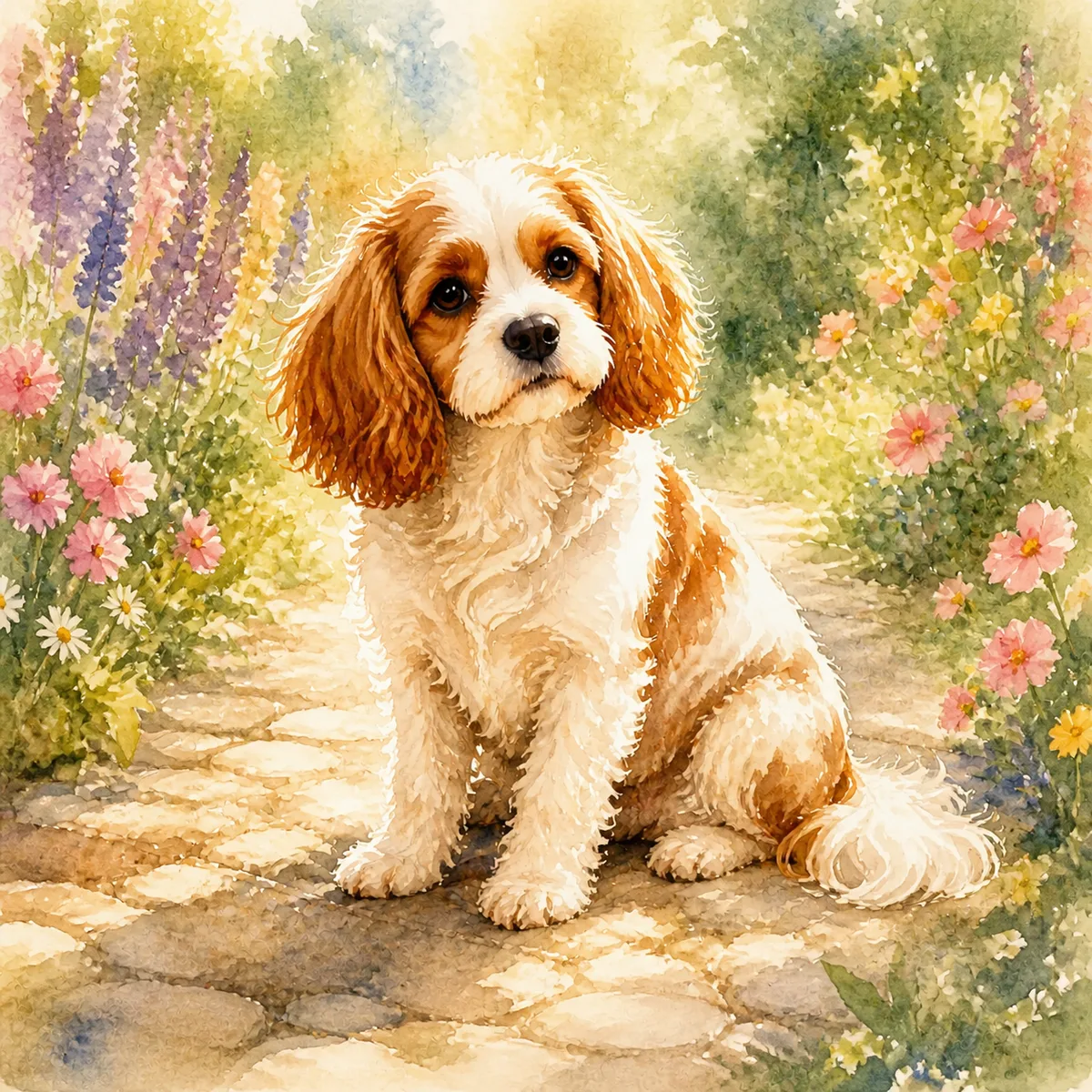 Custom watercolor portrait of a Maltipoo, white wavy