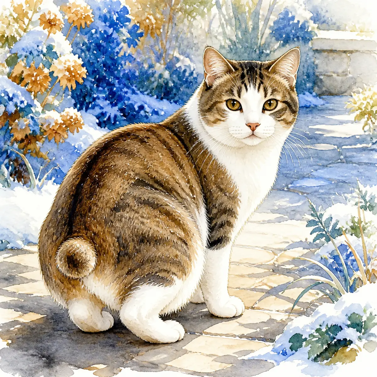 Custom watercolor portrait of a Manx, tabby and white (short coat)