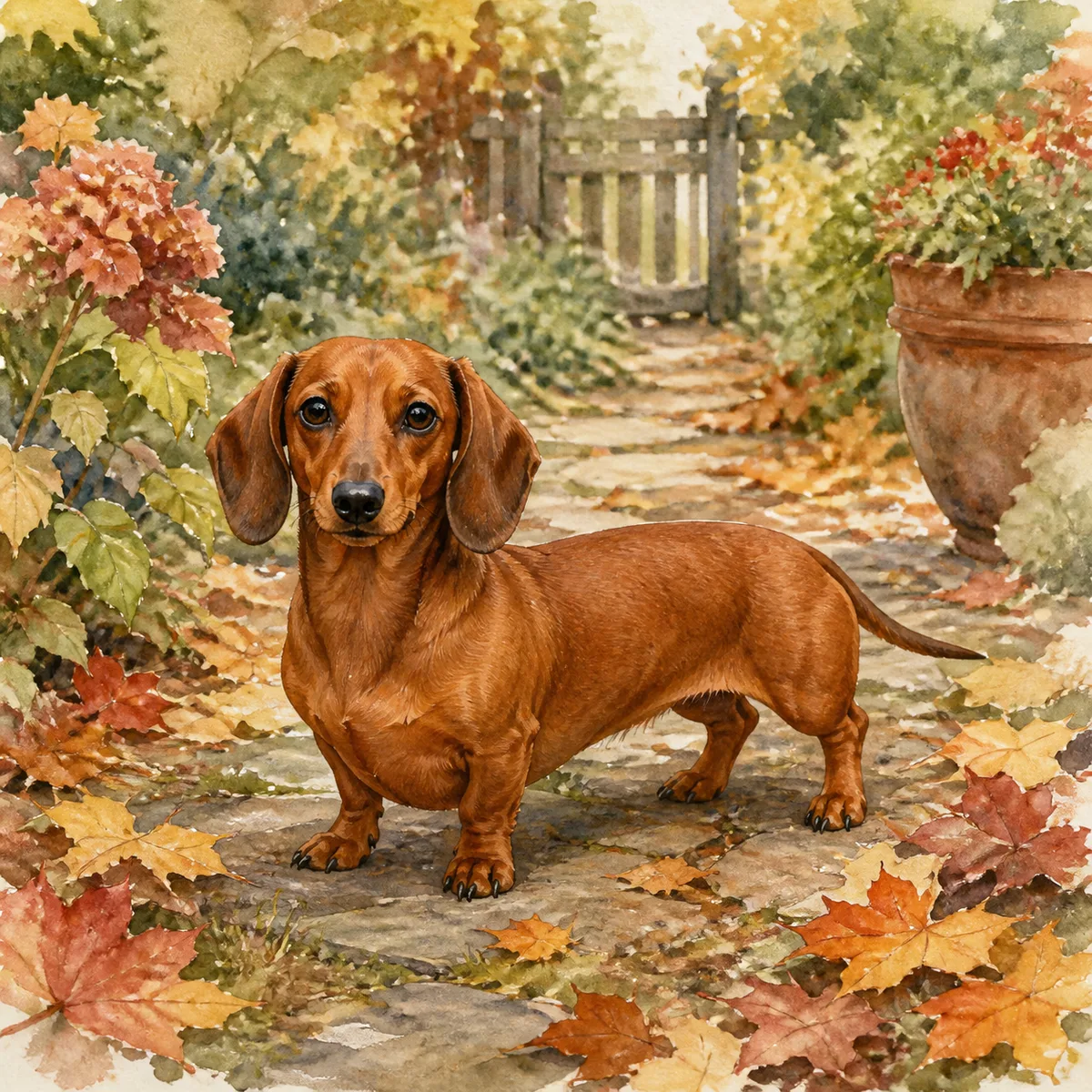 Custom watercolor portrait of a Miniature Dachshund, smooth red