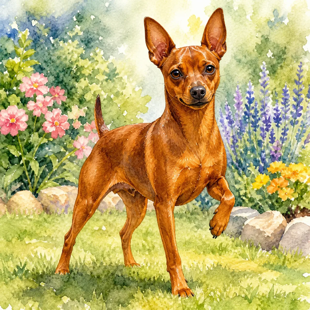 Custom watercolor portrait of a Miniature Pinscher, red/stag red