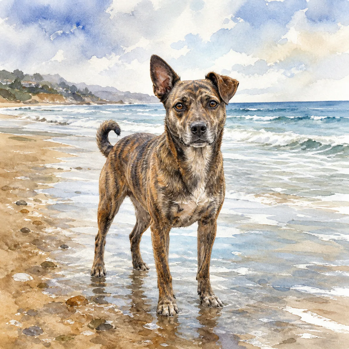 Custom watercolor pet portrait of a medium-sized brindle mixed-breed dog with one ear up and one ear folded, standing on a beach