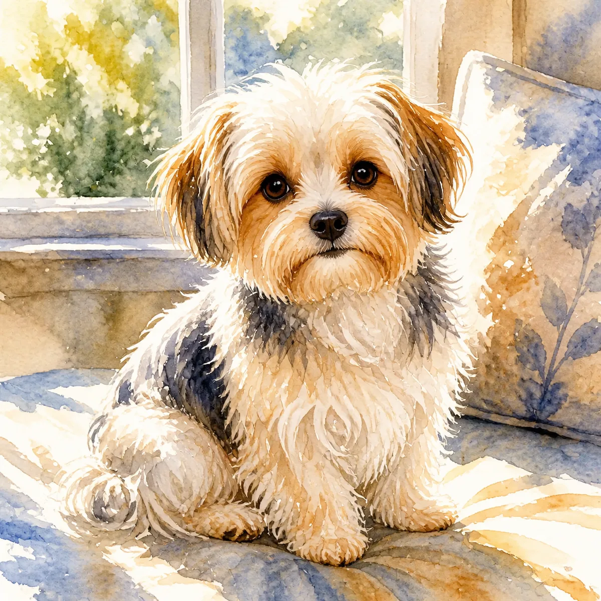 Custom watercolor portrait of a Morkie, white and tan