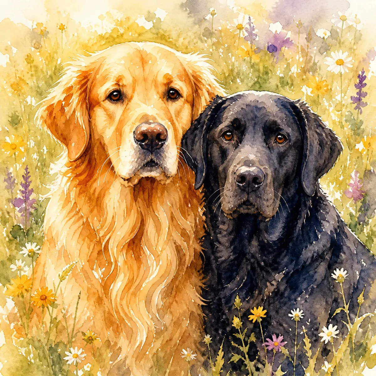 Custom watercolor portrait of a golden retriever and a black Labrador sitting together in a wildflower meadow