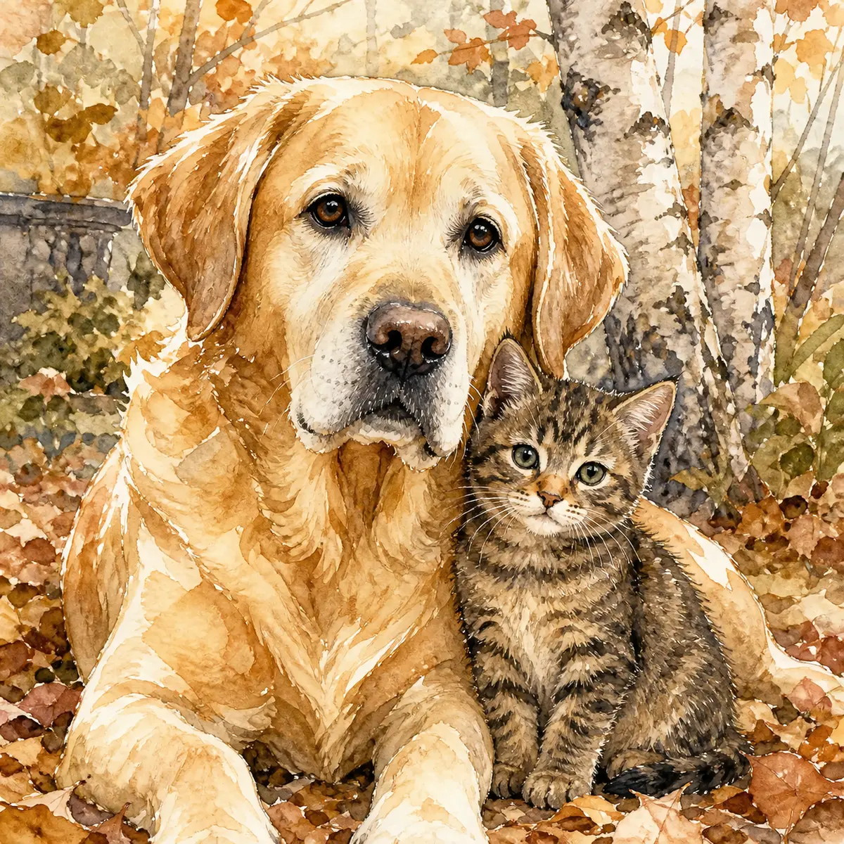 Custom watercolor memorial portrait of a senior yellow Labrador with a tabby kitten in an autumn garden