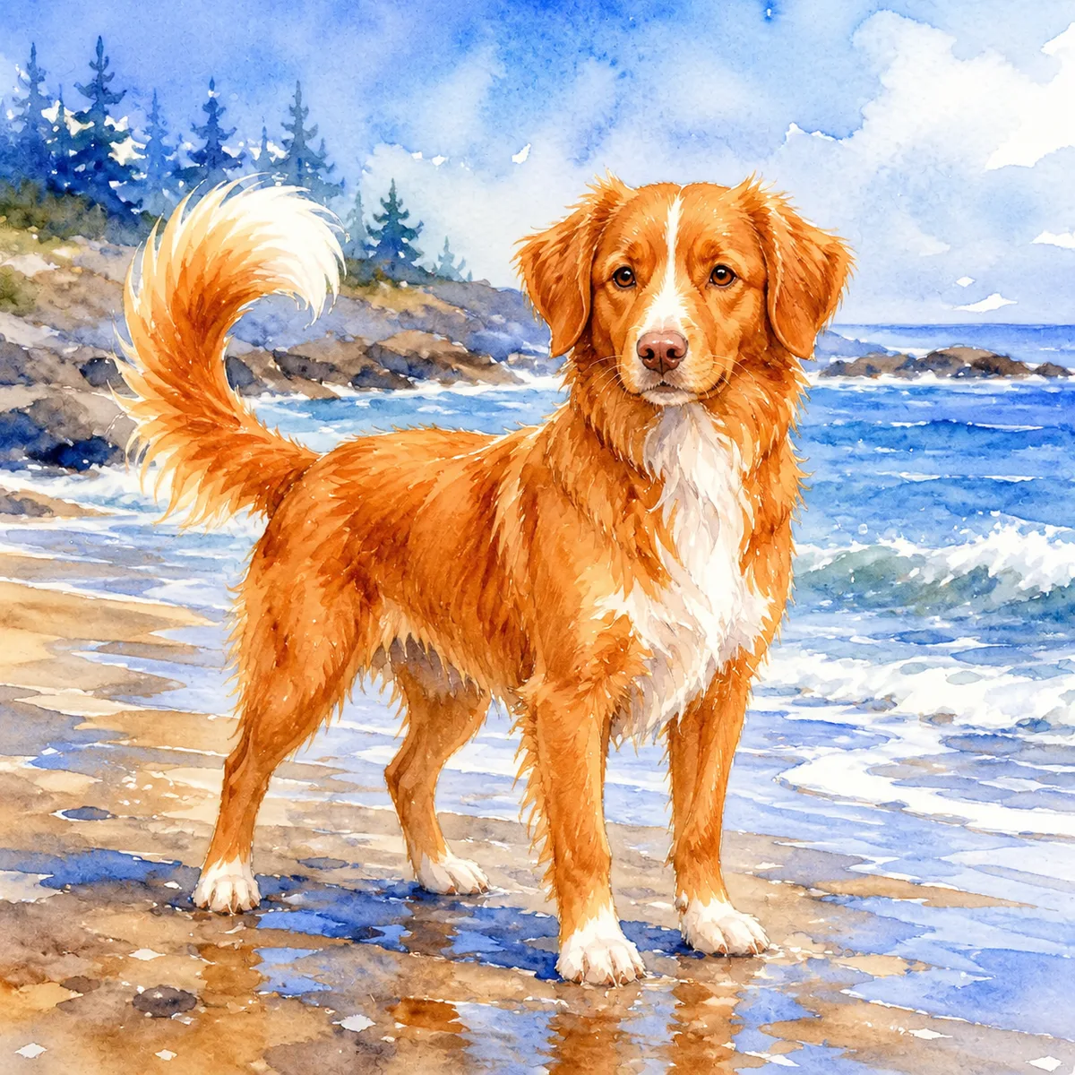 Custom watercolor portrait of a Nova Scotia Duck Tolling Retriever, red/orange-red with white markings