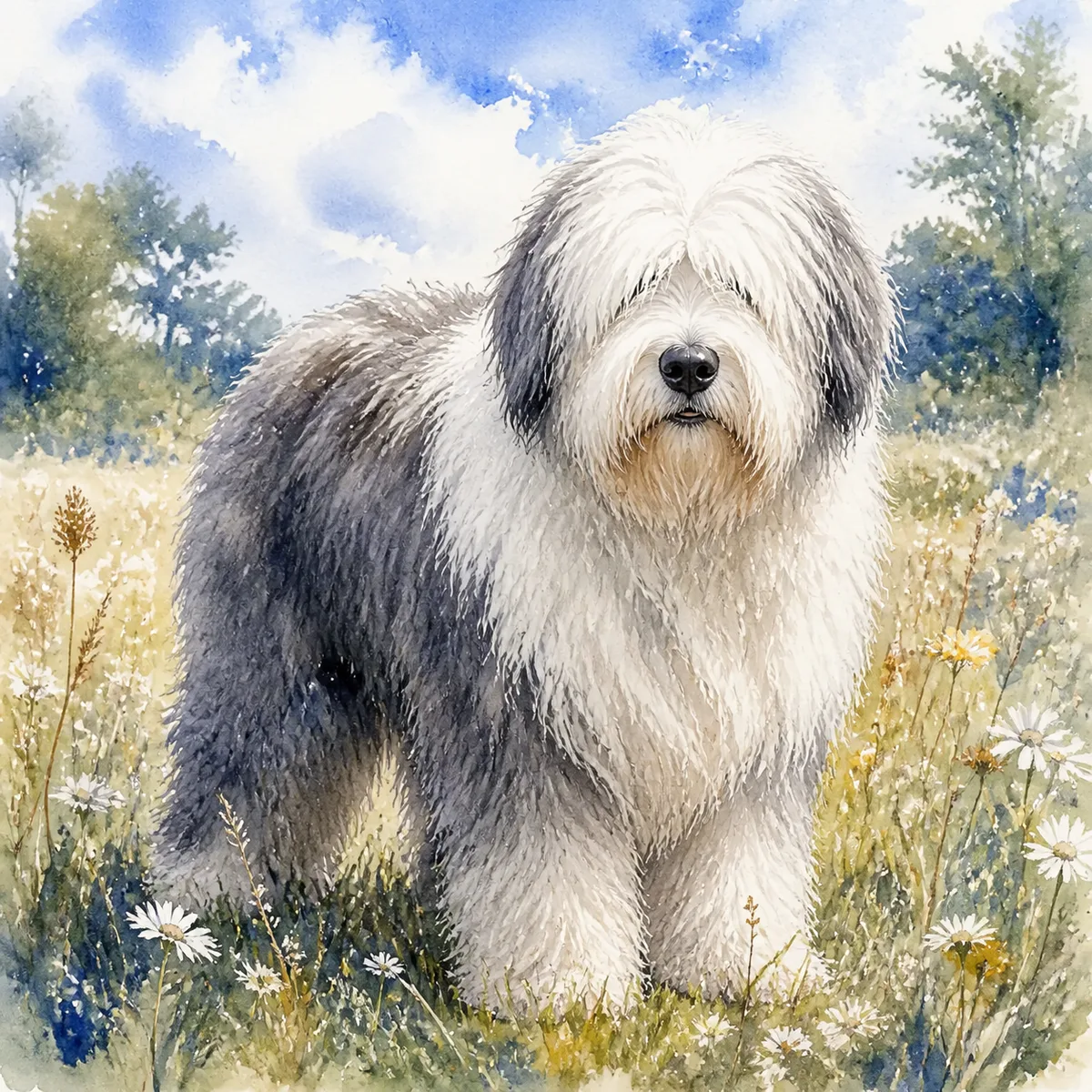 Custom watercolor portrait of an Old English Sheepdog, grey and white