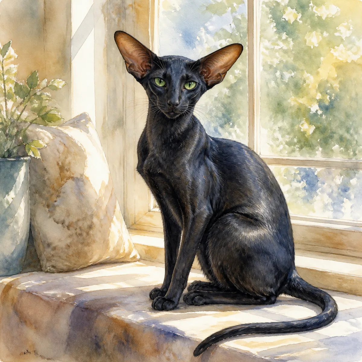 Custom watercolor portrait of an Oriental Shorthair, solid ebony (black)