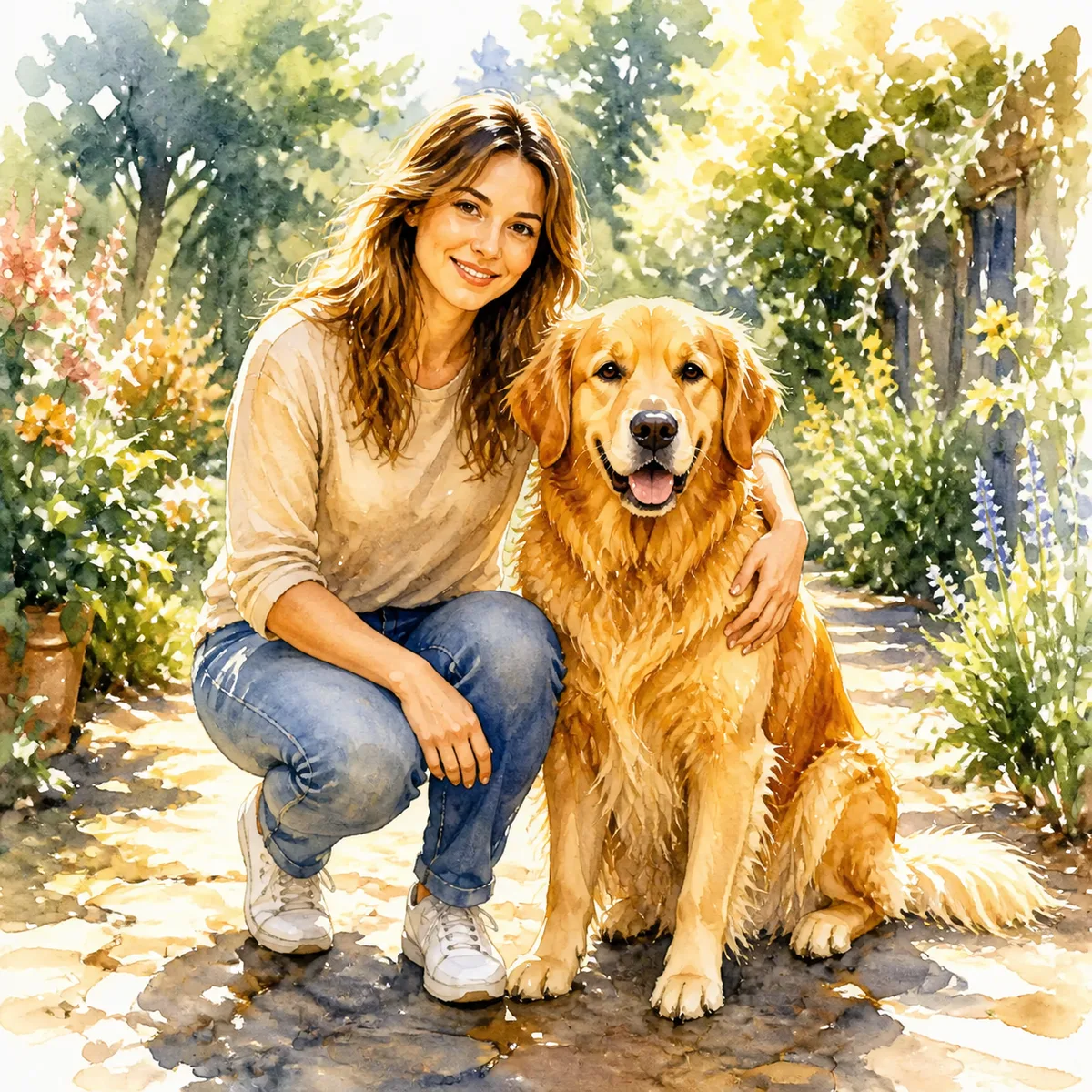 Custom watercolor pet portrait of a woman kneeling beside her golden retriever, both facing the viewer, no text anywhere