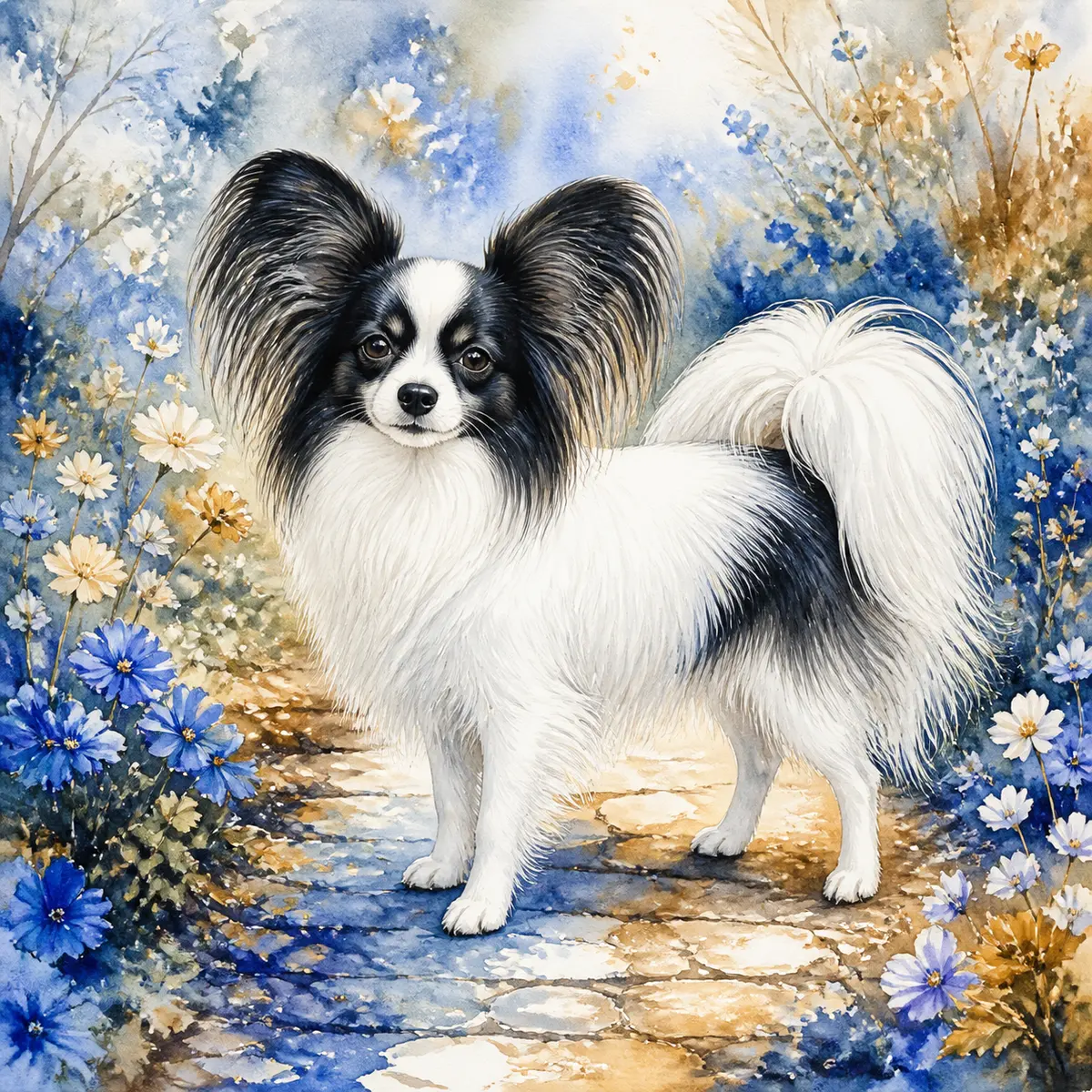 Custom watercolor portrait of a Papillon, white and black
