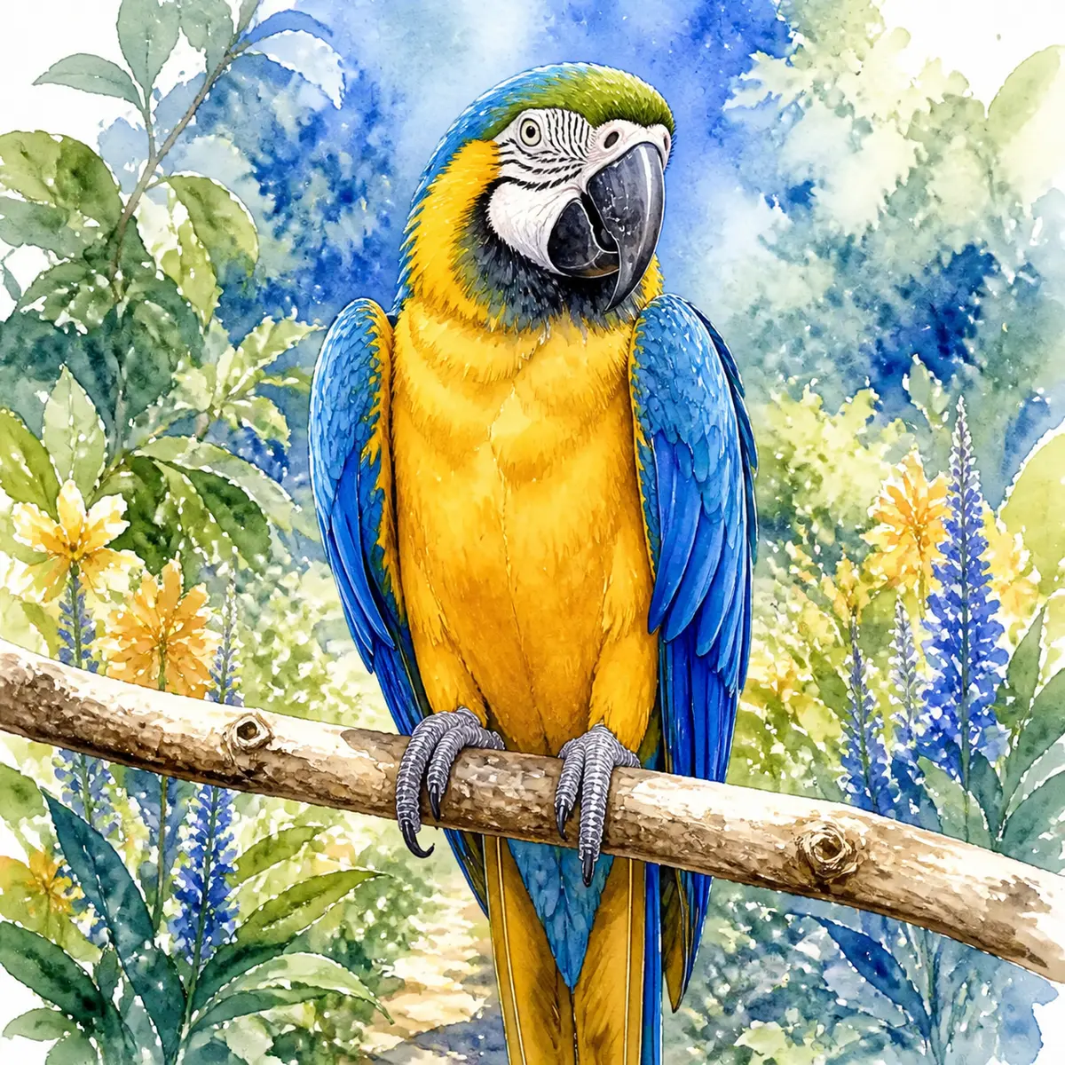 Custom watercolor pet portrait of a blue-and-gold macaw perched on a branch, wings folded