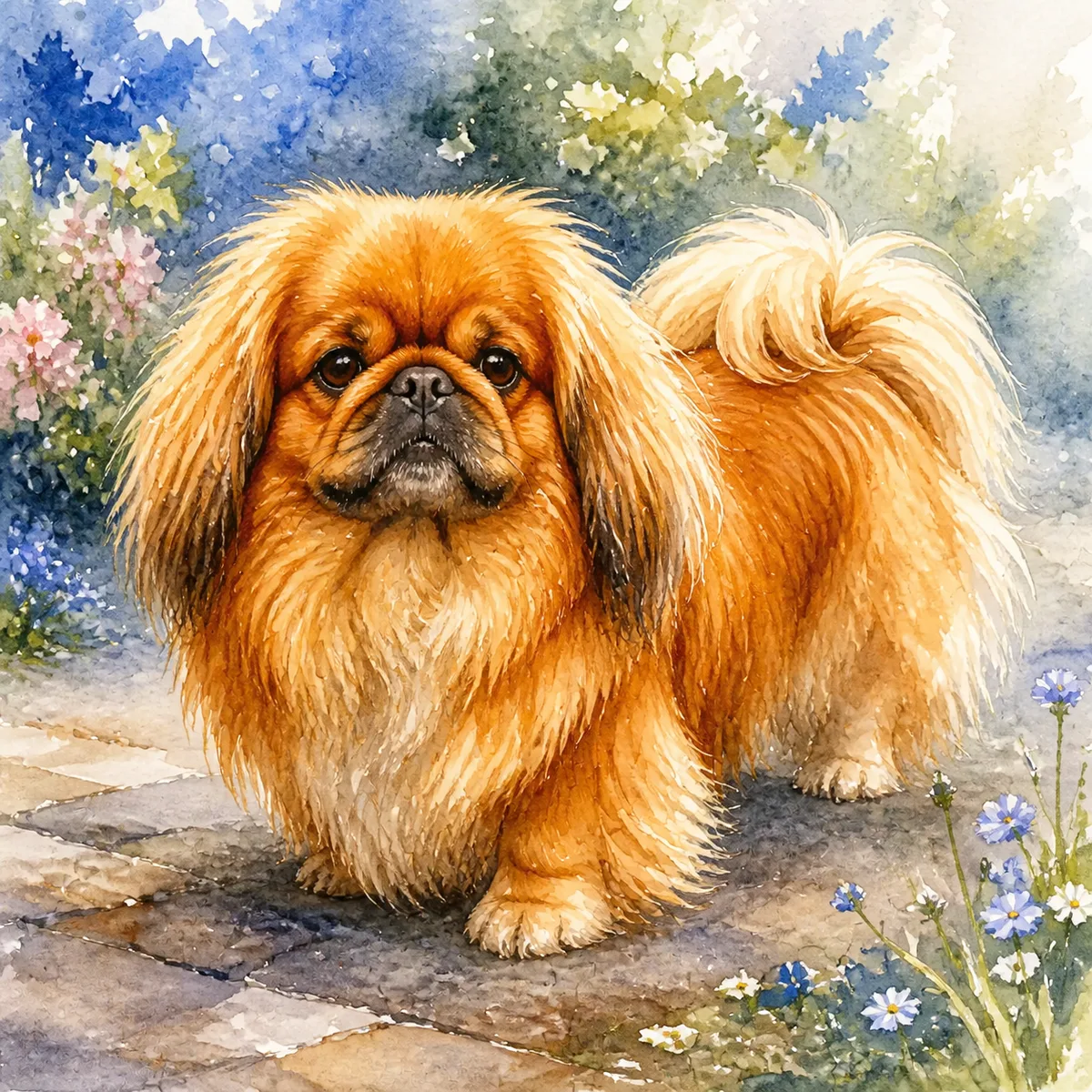 Custom watercolor portrait of a Pekingese, red/gold