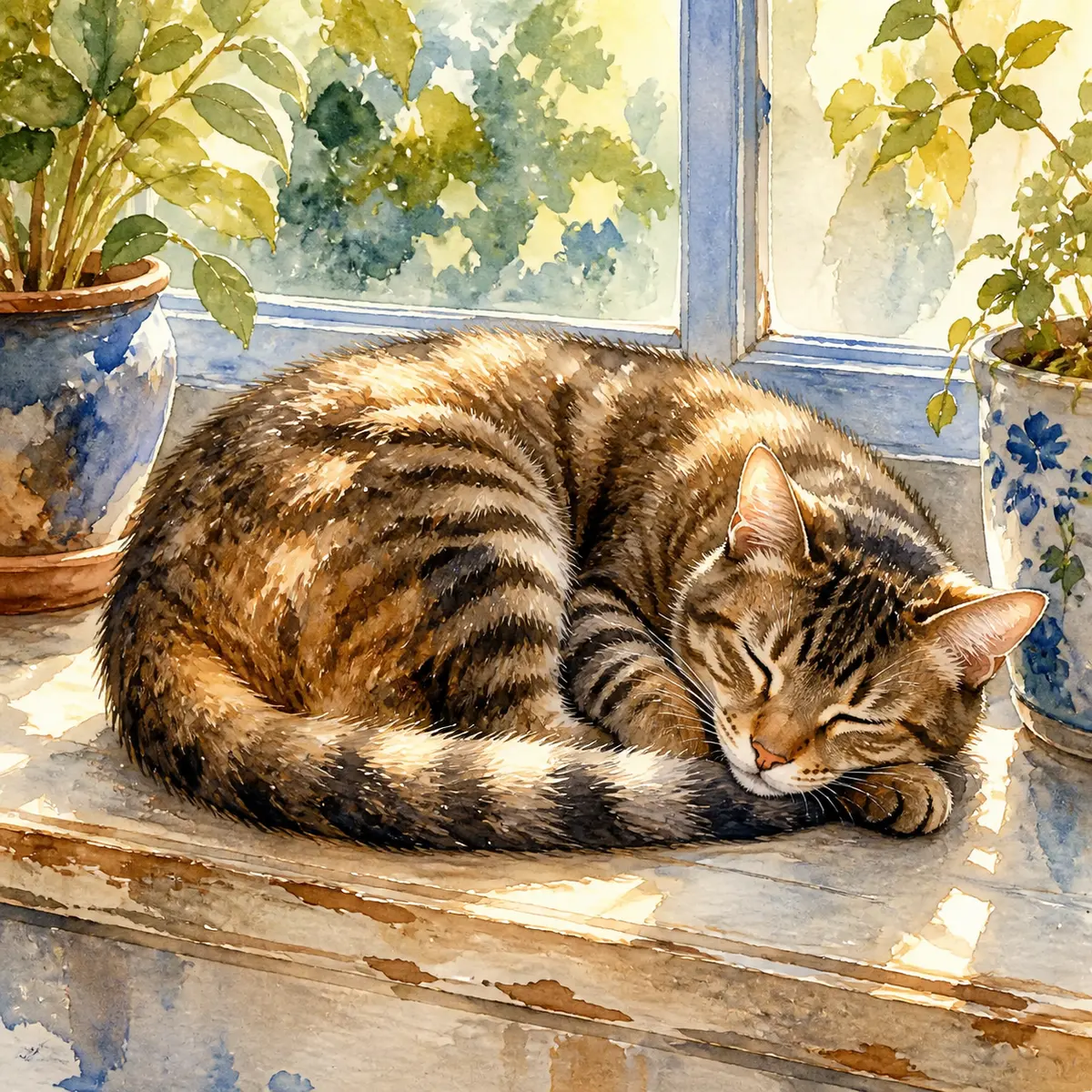 Custom watercolor pet portrait of a tabby cat curled asleep on a sunlit windowsill