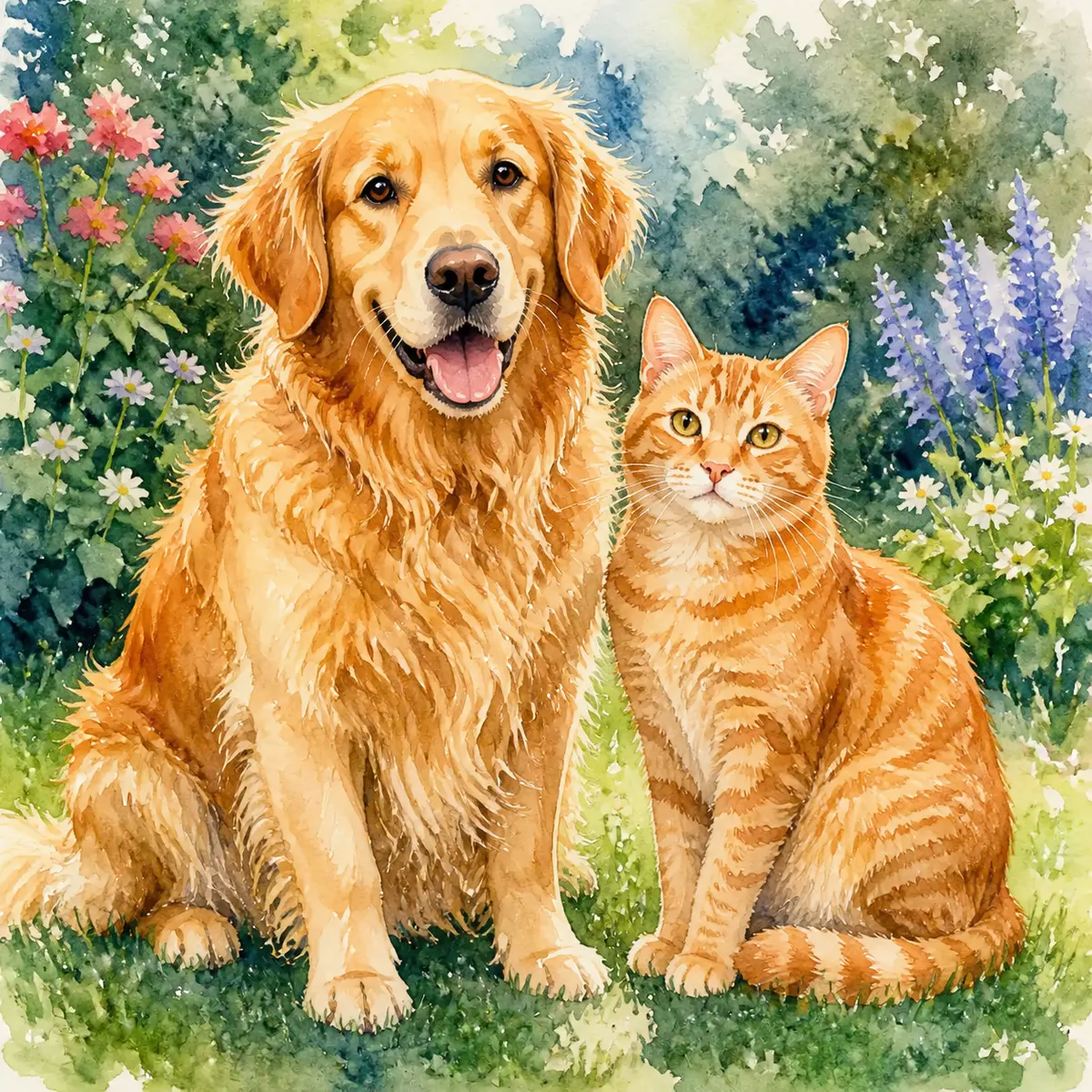 Custom watercolor pet portrait of a golden retriever and an orange tabby cat sitting side by side as if together
