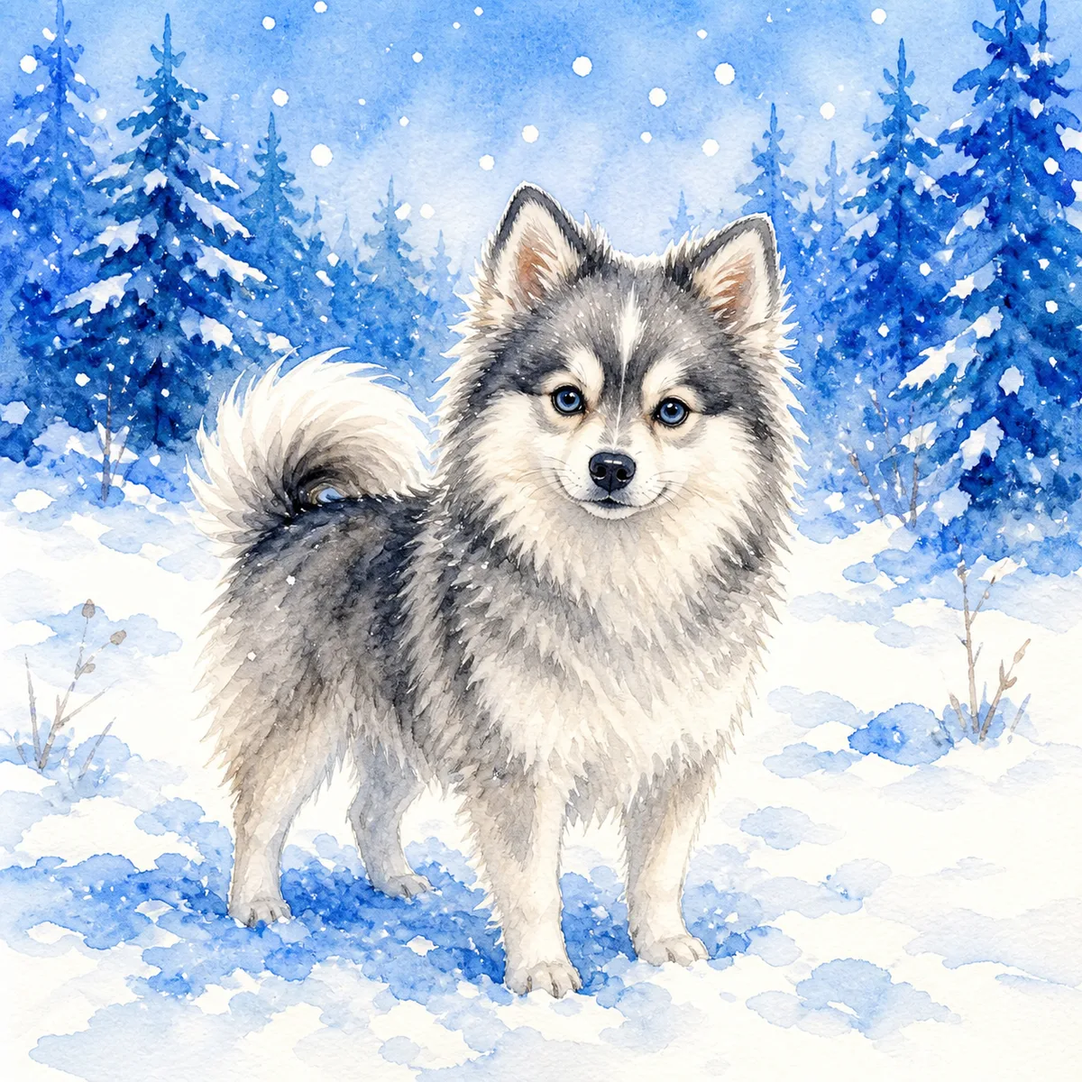 Custom watercolor portrait of a Pomsky, grey and white husky-marked