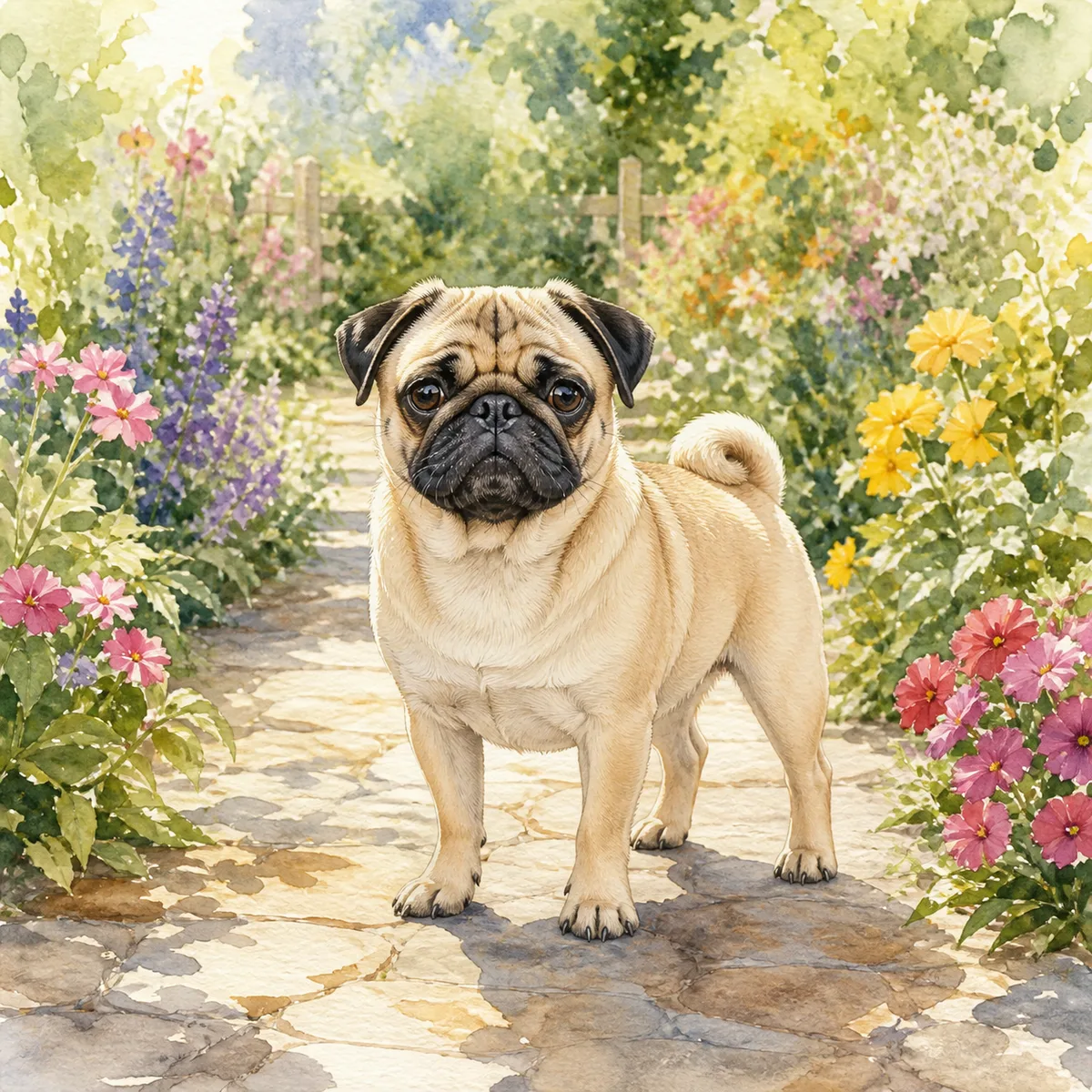Custom watercolor portrait of a Pug, fawn with black mask
