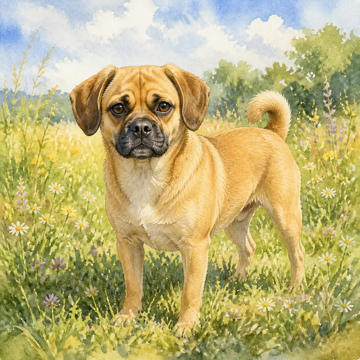 Custom watercolor portrait of a Puggle, fawn with black mask