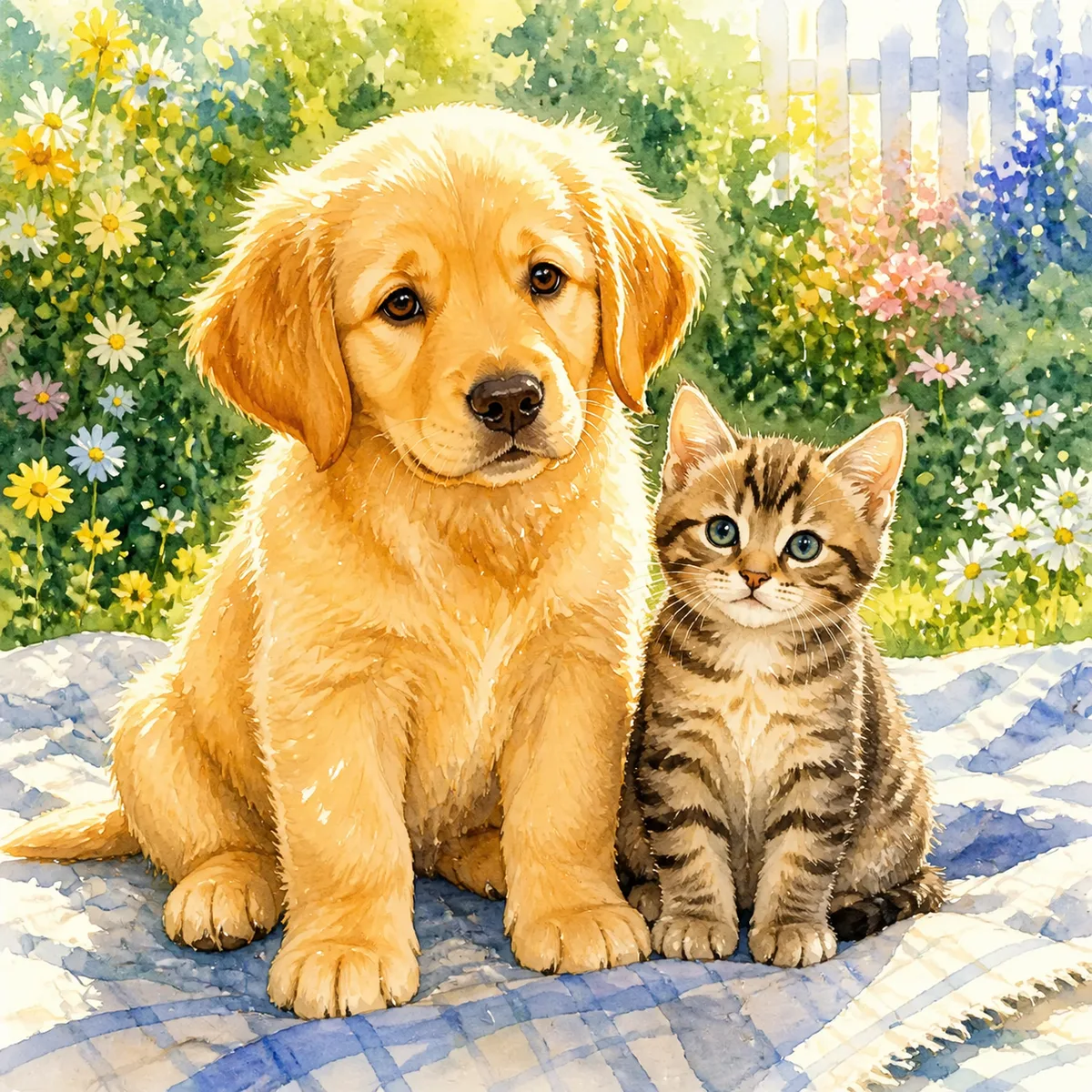 Custom watercolor pet portrait of a golden retriever puppy and a tabby kitten sitting together on a blanket
