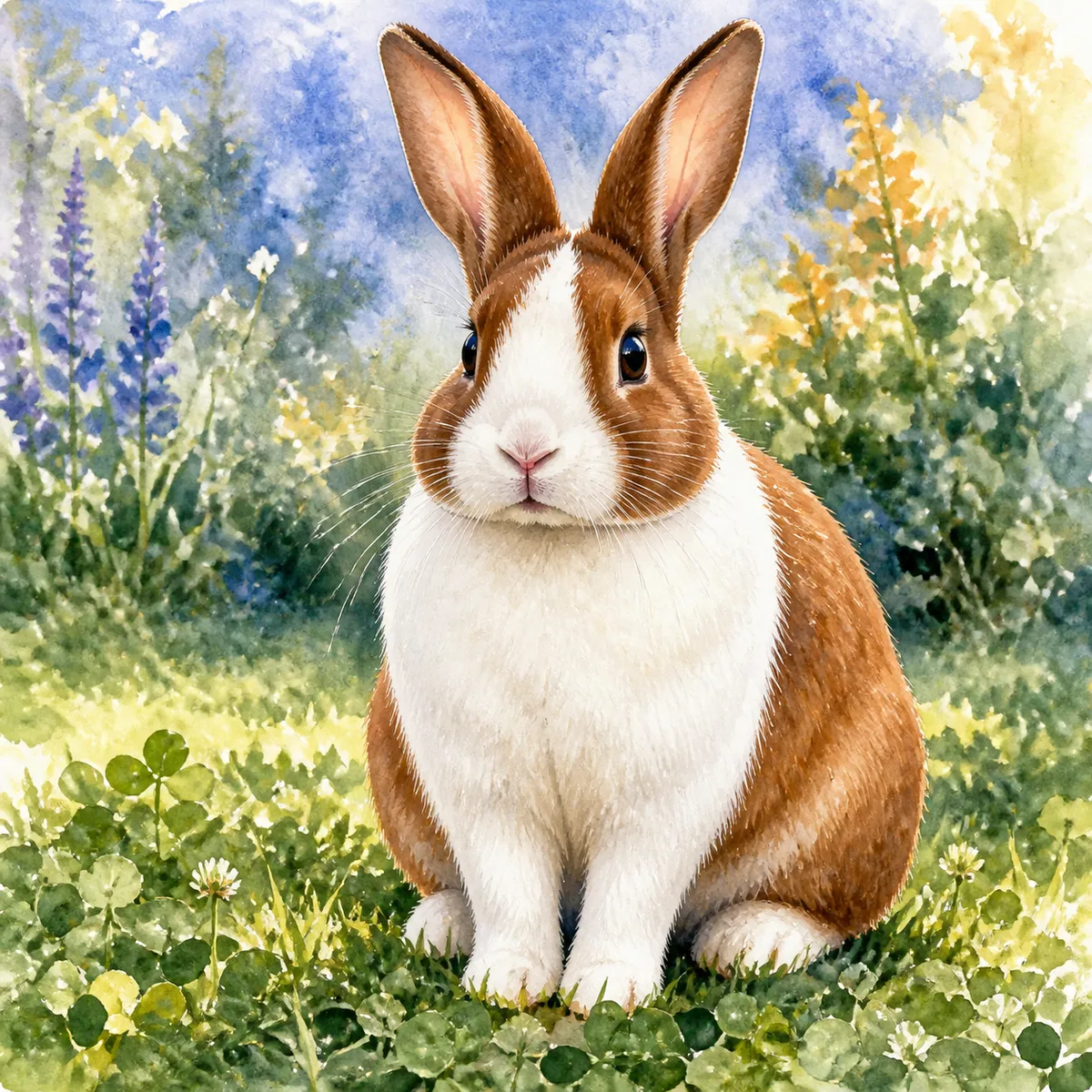 Custom watercolor pet portrait of a brown-and-white Dutch rabbit sitting upright in a garden
