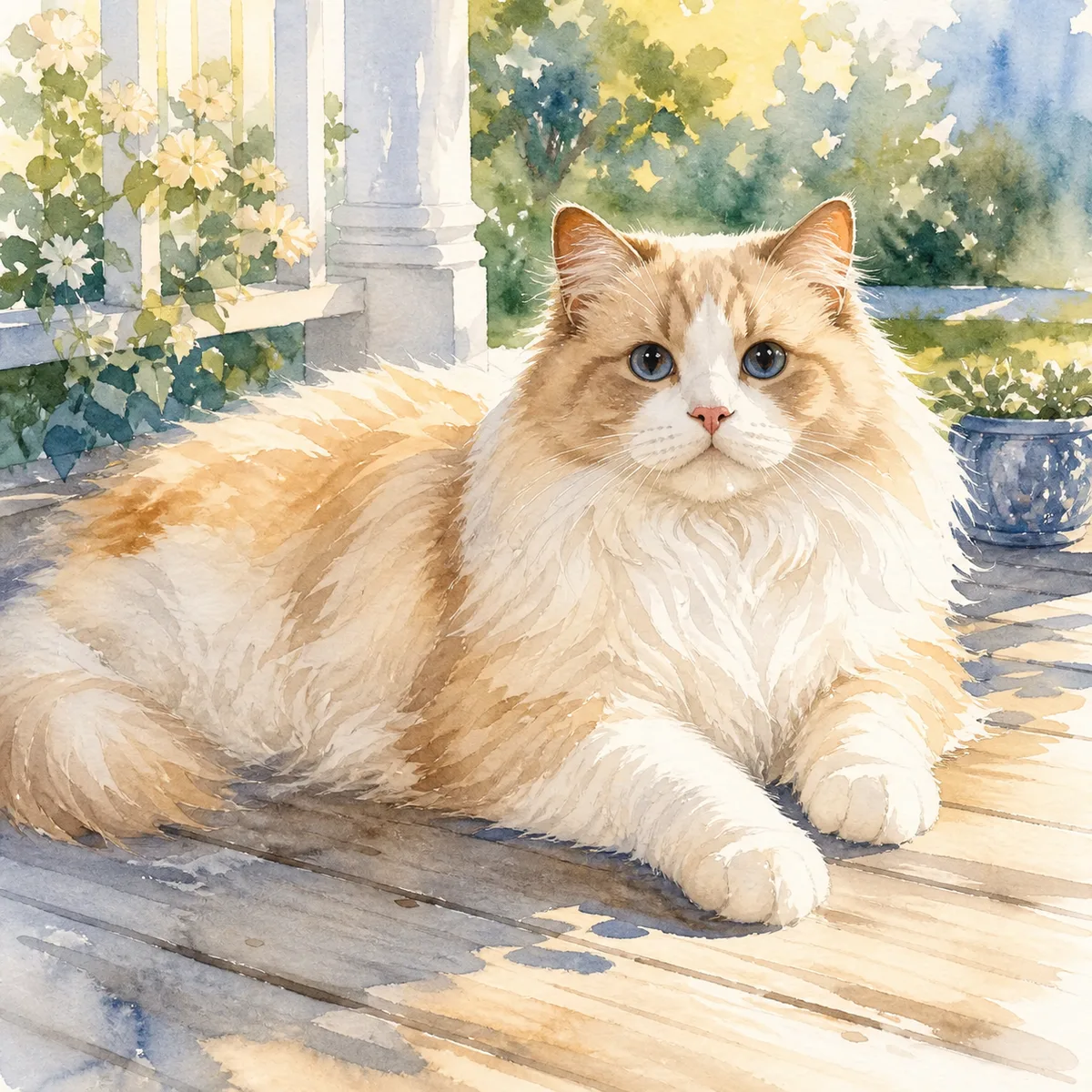 Custom watercolor portrait of a Ragamuffin, cream and white bicolor