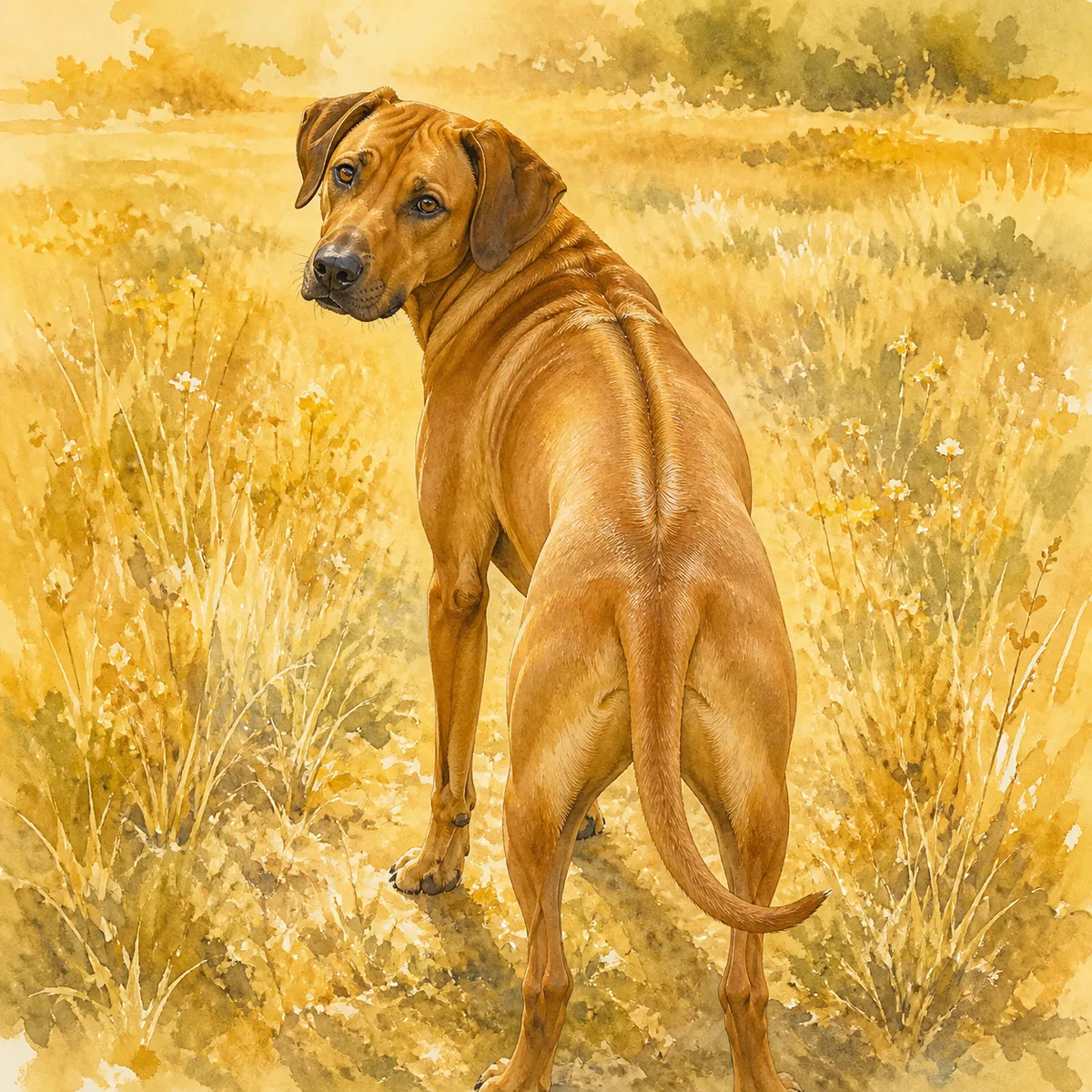 Custom watercolor portrait of a Rhodesian Ridgeback, light wheaten