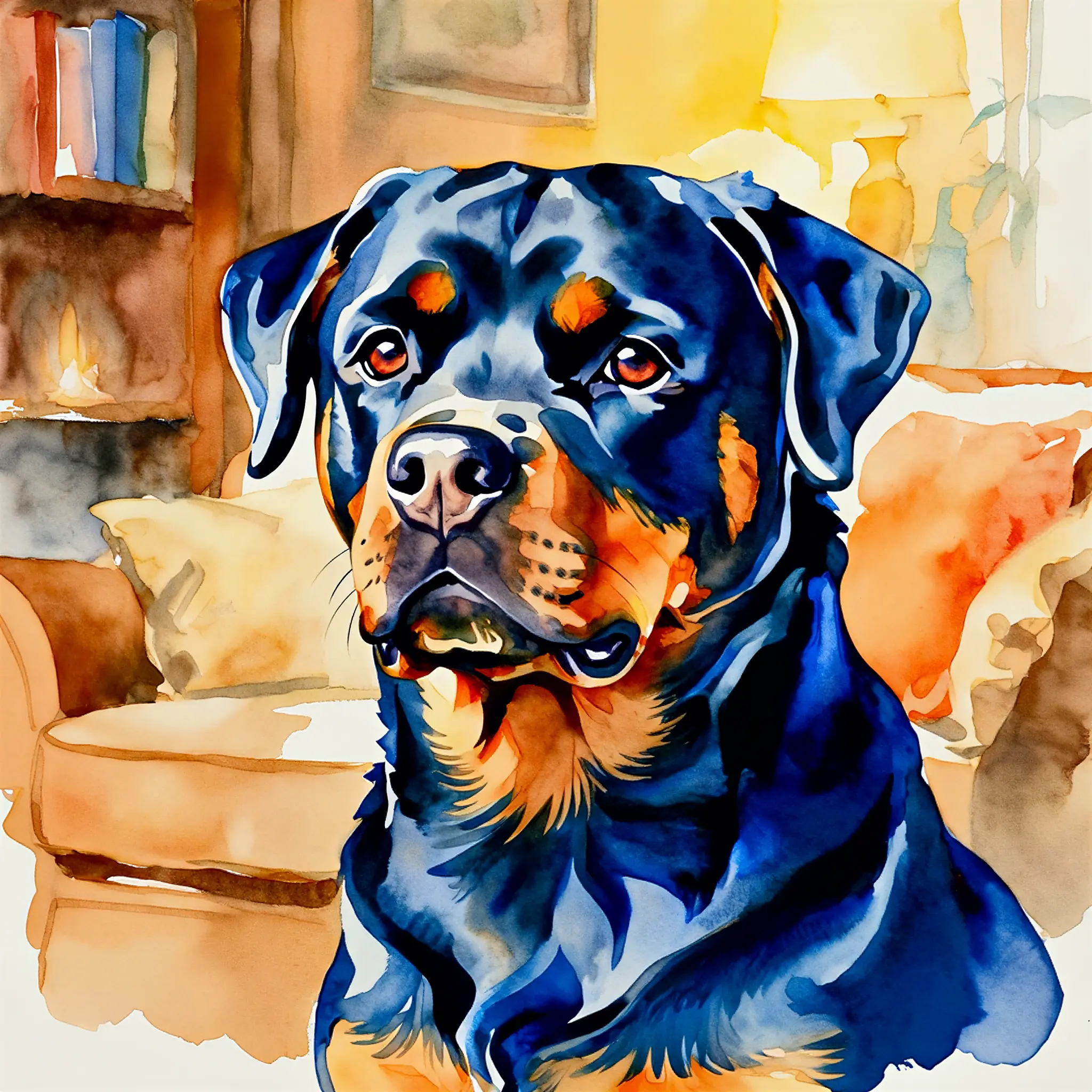 Custom watercolor portrait of a Rottweiler
