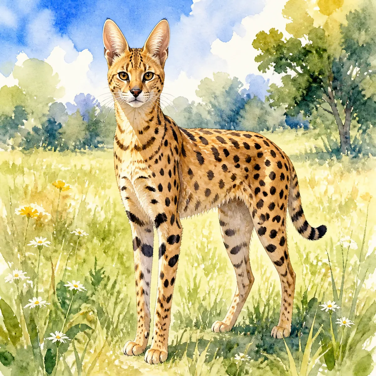 Custom watercolor portrait of a Savannah Cat, gold with black spots