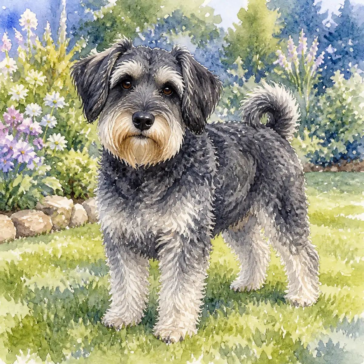 Custom watercolor portrait of a Schnoodle, salt and pepper wavy