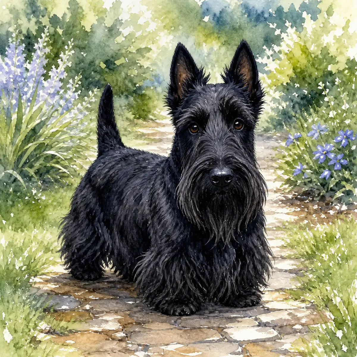 Custom watercolor portrait of a Scottish Terrier, black