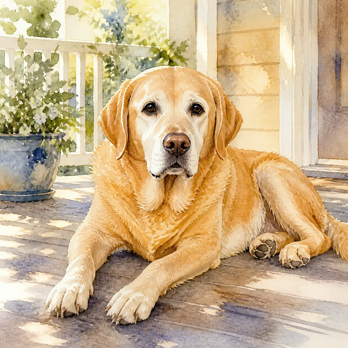 Custom watercolor pet portrait of a grey-muzzled yellow Labrador lying on a porch in soft light