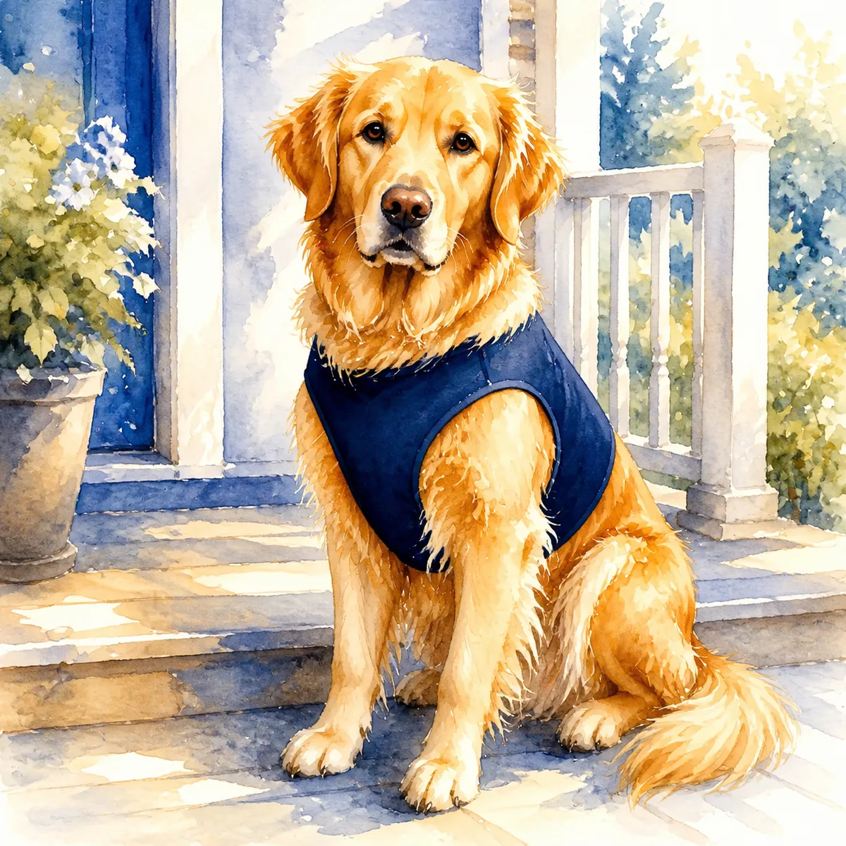 Custom watercolor pet portrait of a golden retriever wearing a plain navy working vest with no text, sitting attentively