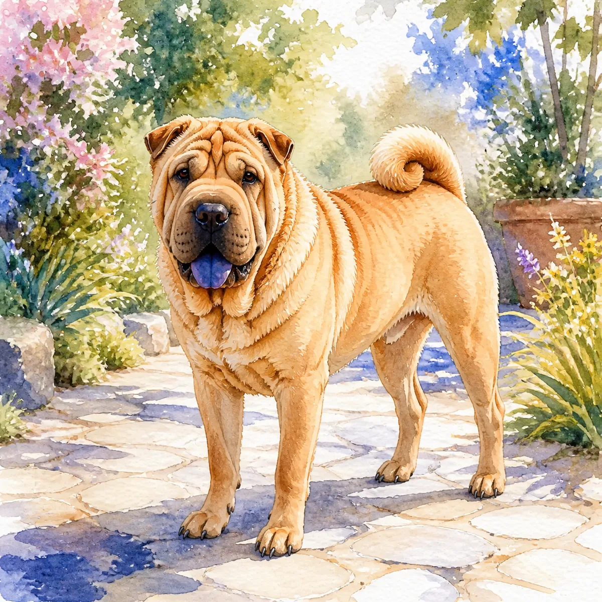 Custom watercolor portrait of a Shar Pei, fawn