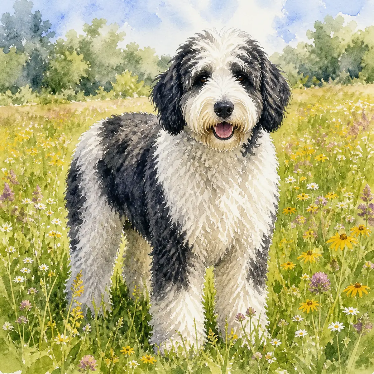 Custom watercolor portrait of a Sheepadoodle, black and white wavy
