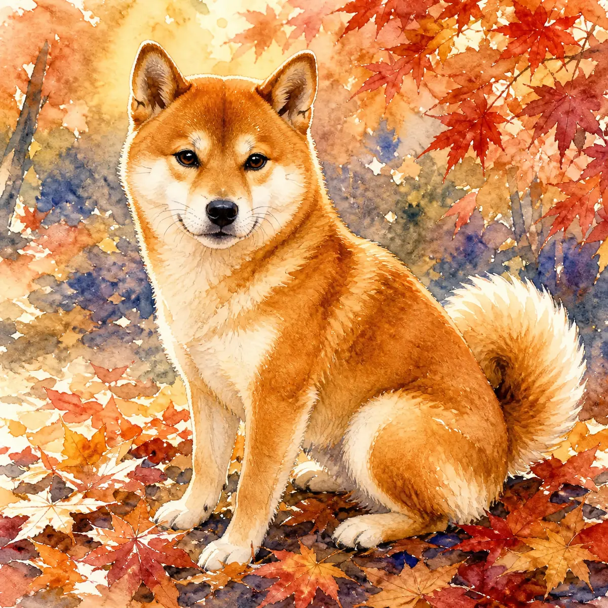Custom watercolor portrait of a Shiba Inu, red