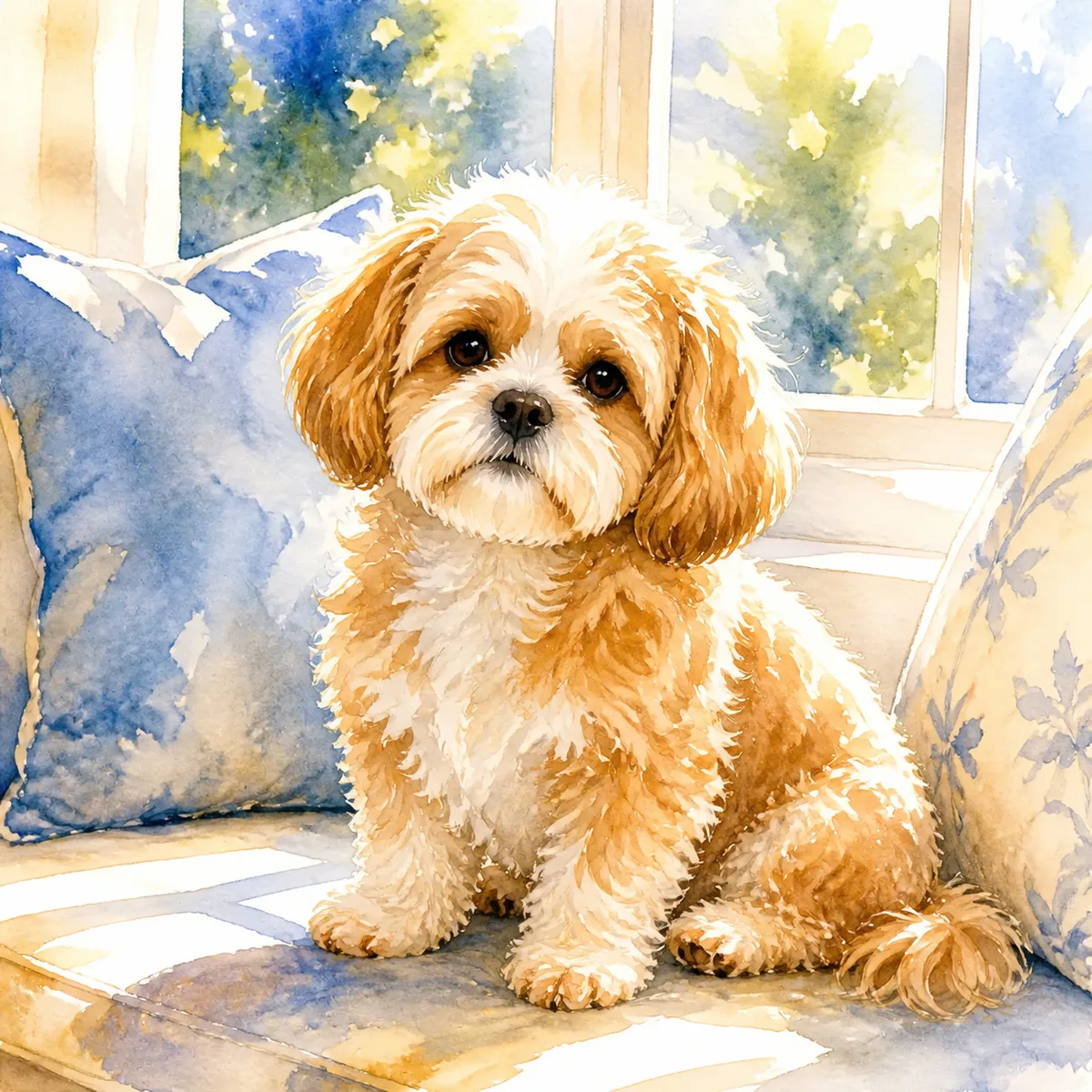 Custom watercolor portrait of a Shih-Poo, gold and white wavy