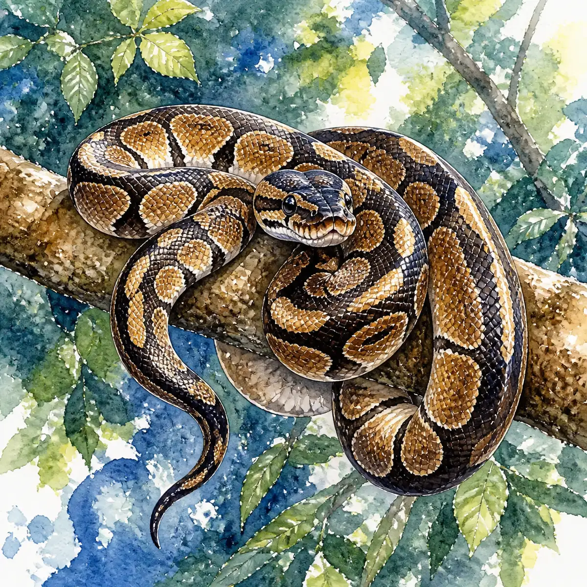 Custom watercolor pet portrait of a ball python coiled on a branch