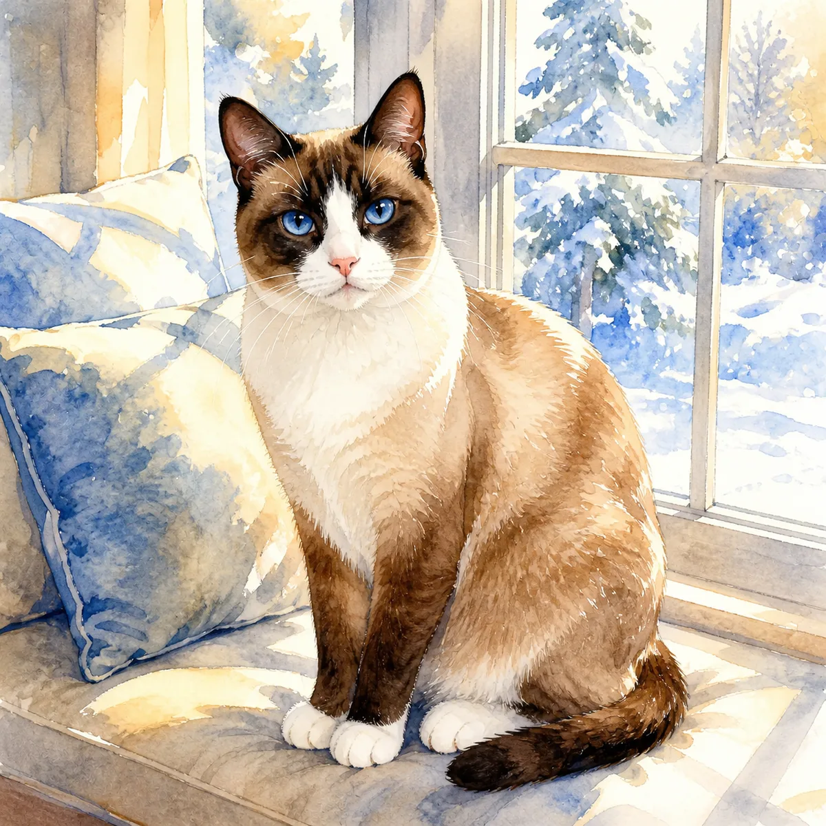 Custom watercolor portrait of a Snowshoe Cat, seal point with white feet