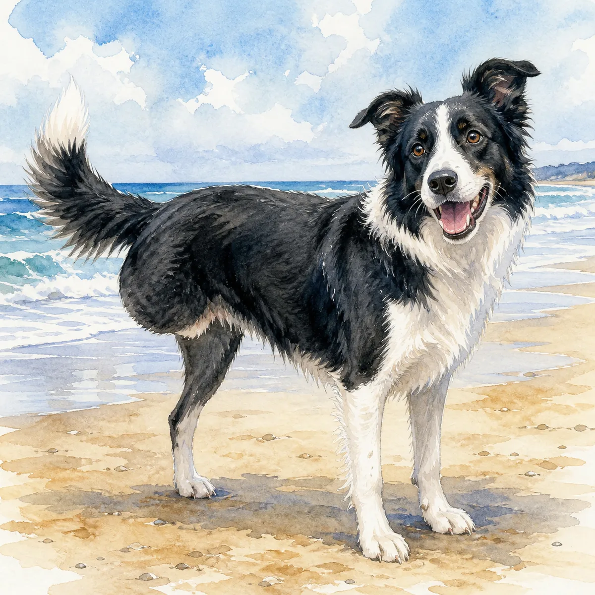 Custom watercolor pet portrait of a three-legged border collie mix standing on a beach