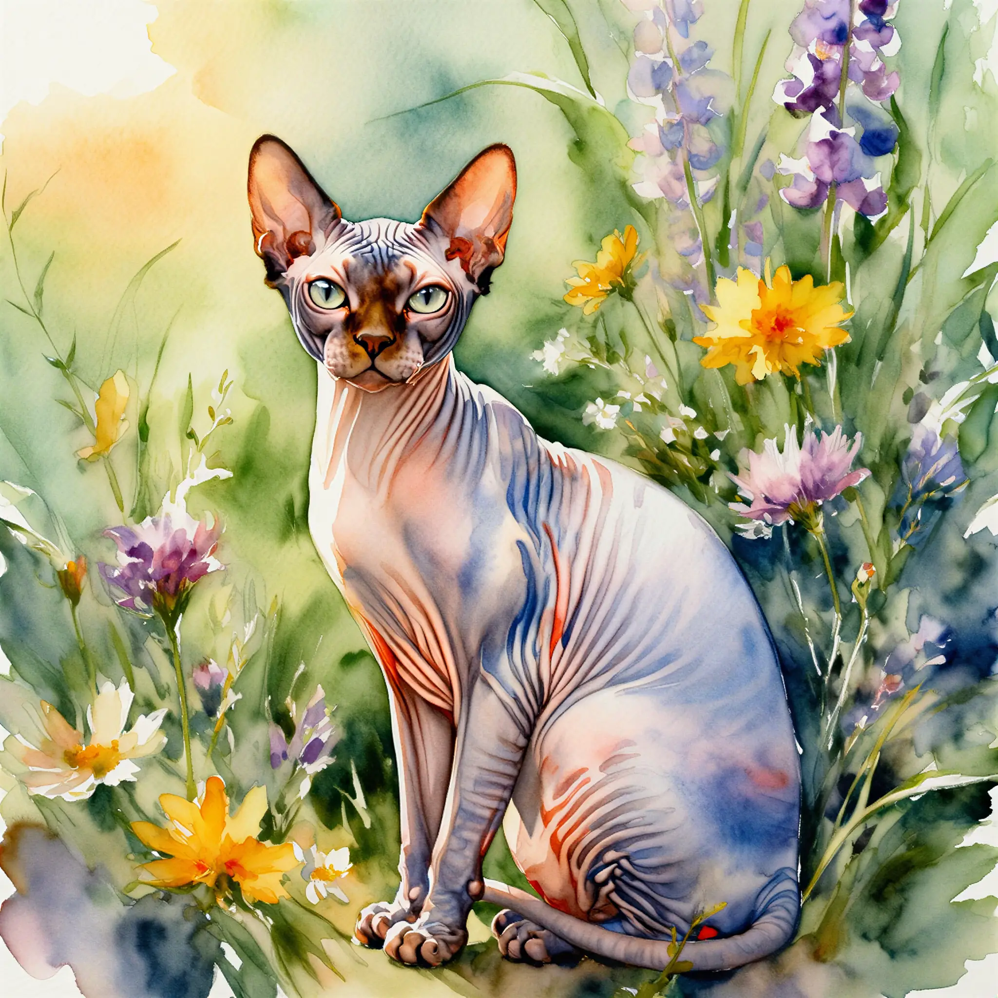Custom watercolor portrait of a Sphynx