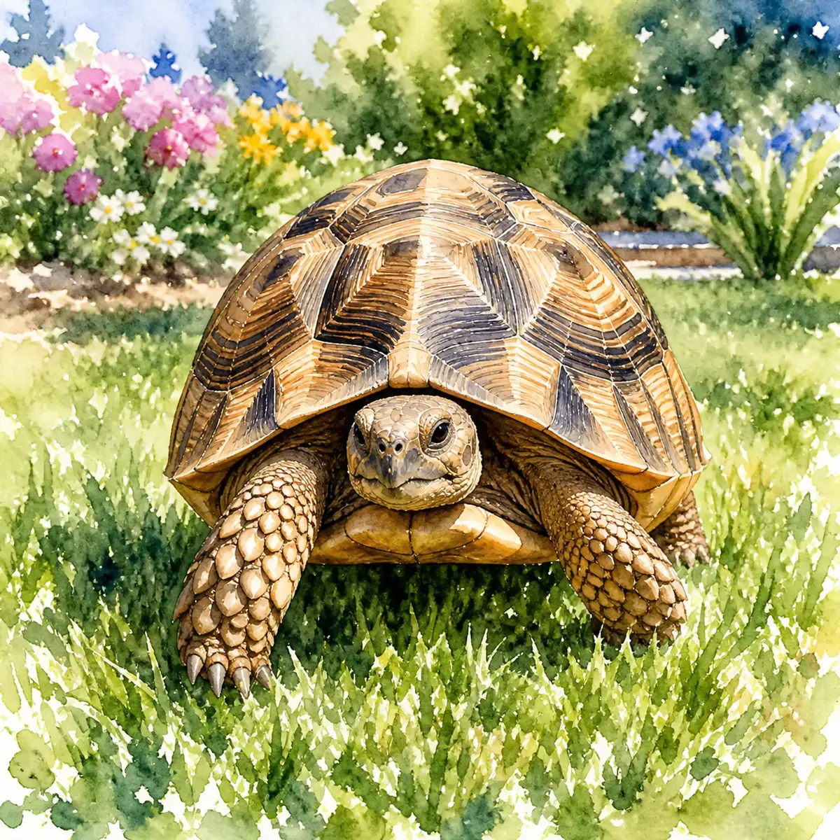 Custom watercolor pet portrait of a brown-and-tan domed tortoise walking across grass