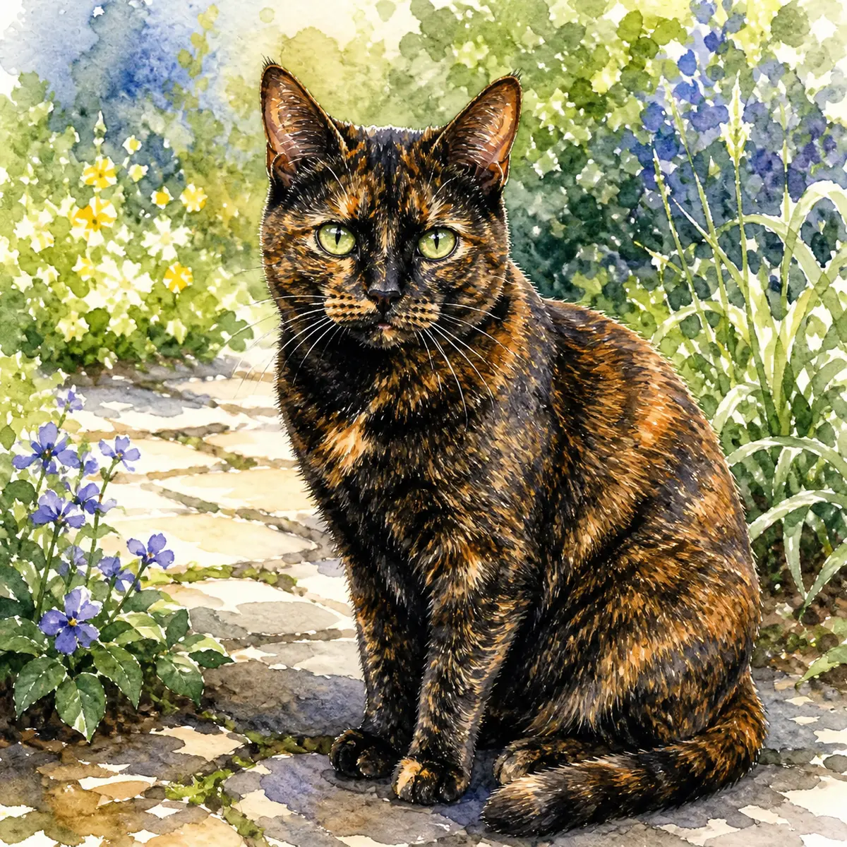 Custom watercolor portrait of a Tortoiseshell Cat, black and orange mottled