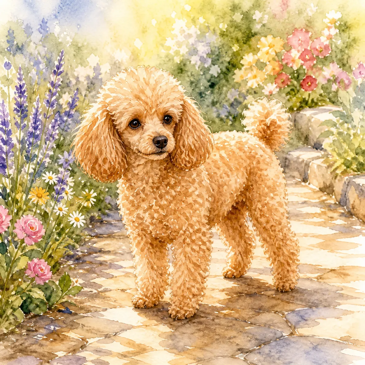 Custom watercolor portrait of a Toy Poodle, apricot