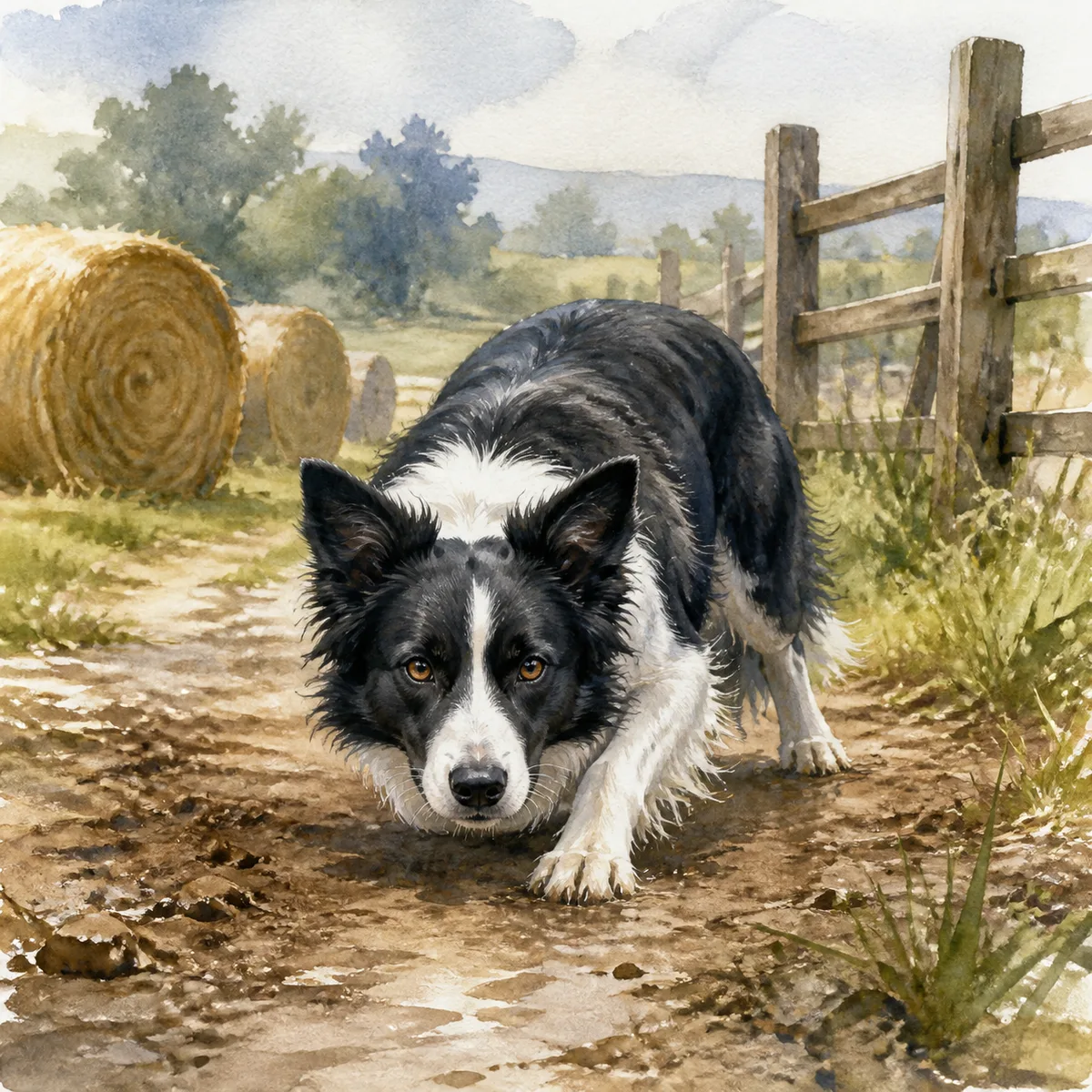 Custom watercolor pet portrait of a black-and-white border collie in a low herding crouch on a farm track