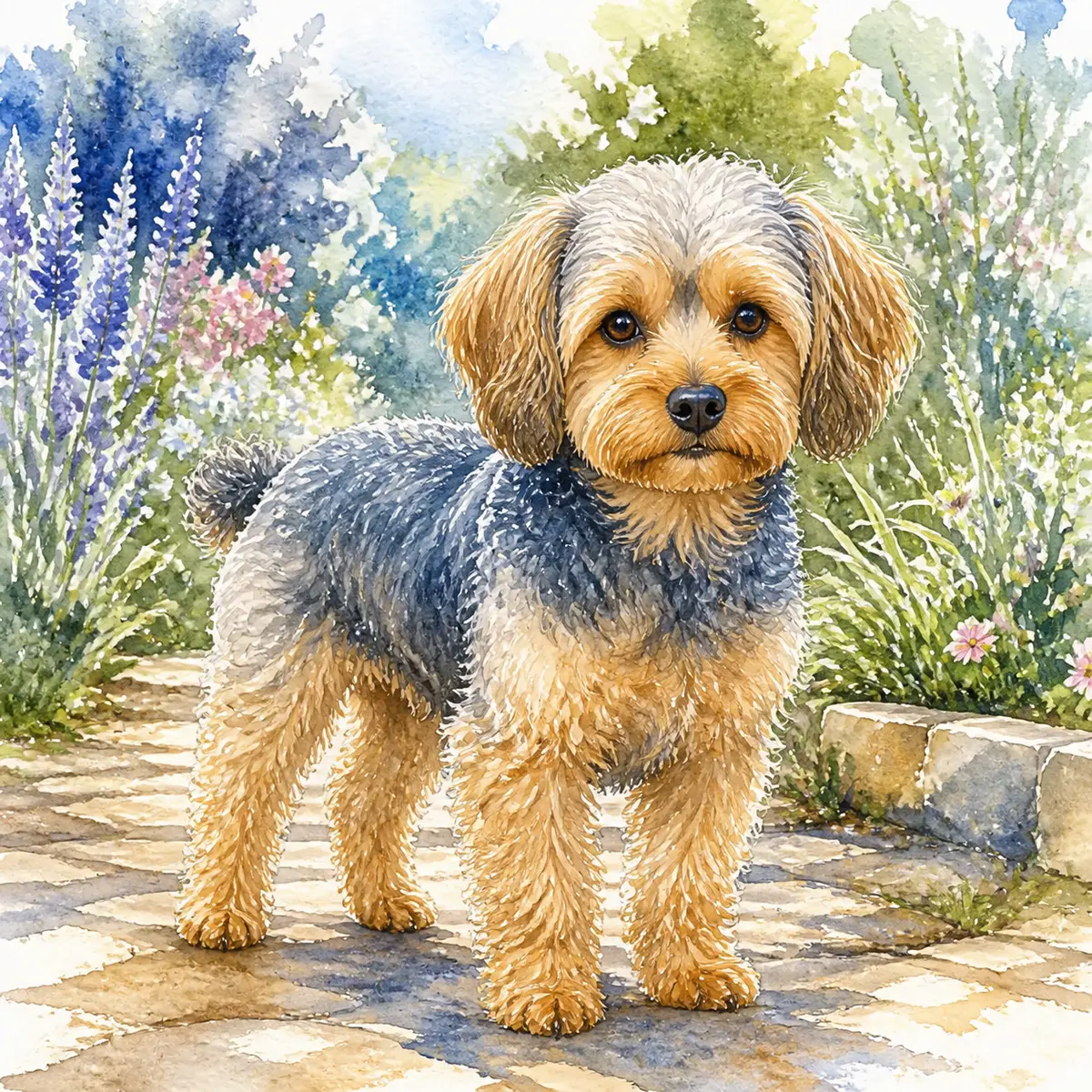 Custom watercolor portrait of a Yorkipoo, blue and tan wavy